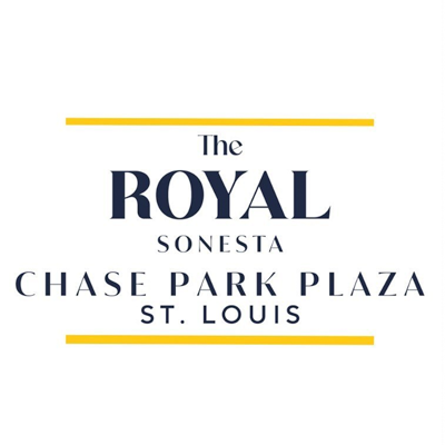 Logo for The Royal Sonesta Chase Park Plaza St. Louis with navy text and gold accent lines