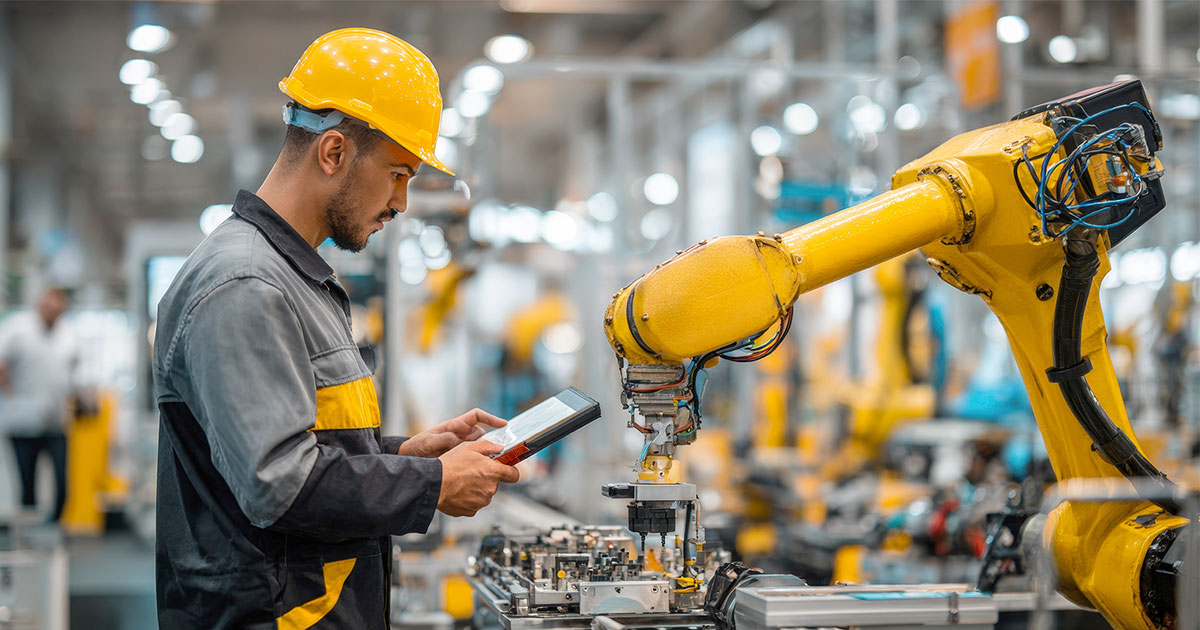 Worker in a hard hat using a tablet to operate a yellow robotic arm in a factory