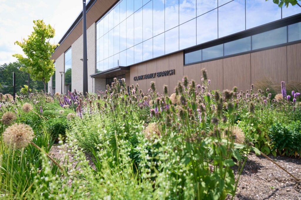 Modern glass and wood building labeled "Clark Family Branch" behind a lush garden of purple wildflowers and native plants